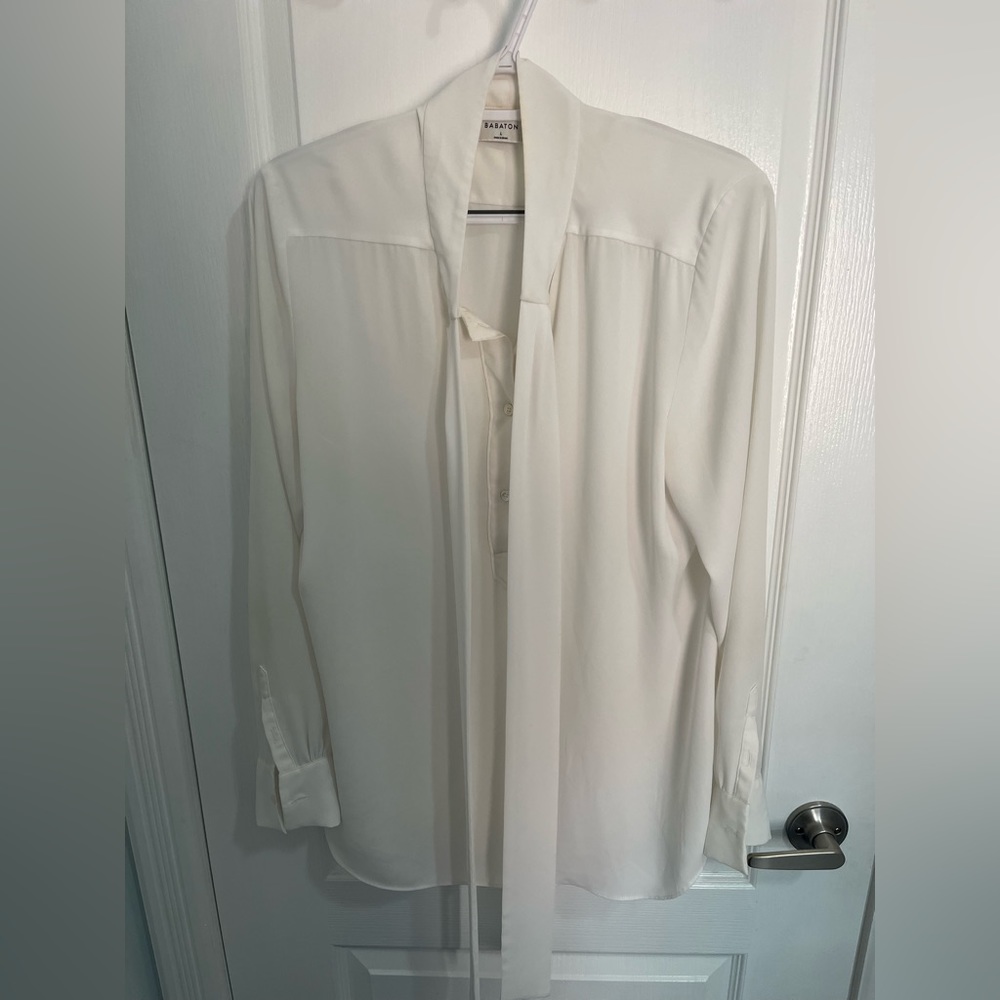 Babaton white Blouse with tie neck. Well-loved, best offer.